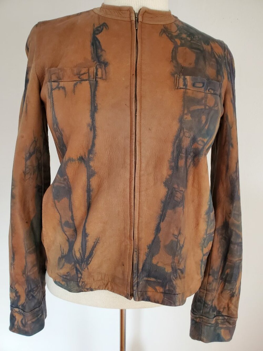 Biker moto tie dye Cowgirl western equestrian leather jacket brown navy blue 4 6